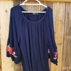 Blue Peasant Blouse with Rose Embroidery, Size 2X